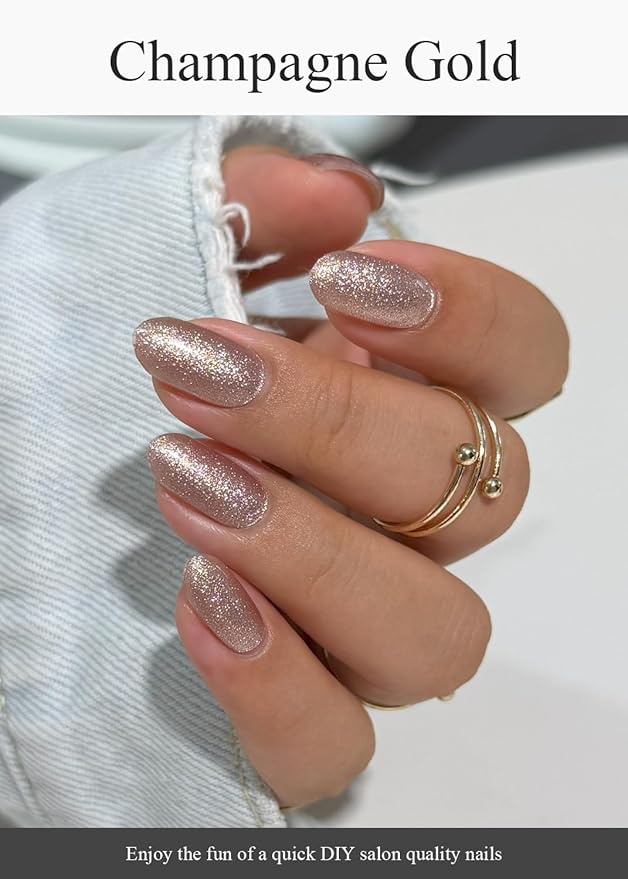 Semi Cured Gel Nail Strips (Champagne Gold Glitter), Sparkle Finish, 20 Pcs Gel Nail Wraps, Stickers, Salon Quality, Long Lasting, Works with Any UV Lamps