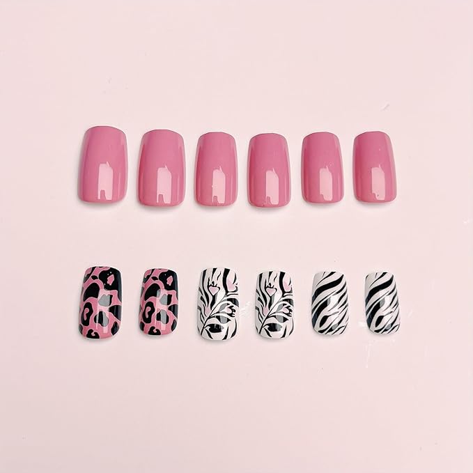 Leopard Press on Nails Medium Square Fake Nails with Designs Zebra Stripes Stick on Nail Pink Acrylic False Nail Glossy Artificial Nail Full Cover Glue on Nails for Women