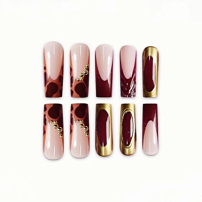 MISUD Press on Nails - Long Square Fake Nails with Burgundy Tortoise, Acrylic Gold Chrome Charms Design 24 pcs