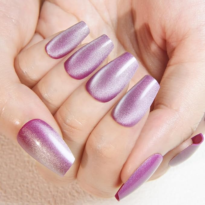 evpct Purple Cat Eye Coffin Press on Nails Square Medium, Medium Square Stick on Nails for Women Gift, Lavender Purple Metallic Glitter Glossy Reusable Summer Press on Fake Nail with Designs, 24Pcs