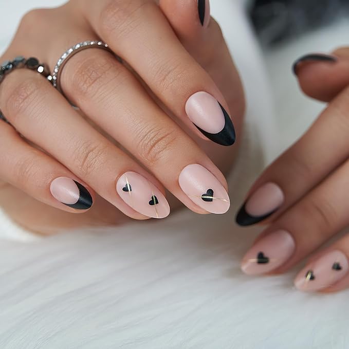 CurvLife Matte Almond Press On Nails for Women, Nude Pink Black French Tip Fake Nails with Hearts, Medium Length Soft Gel Glue On Nails Kit with Nail Glue & Tools, Salon Quality Valentine’s Day Nails