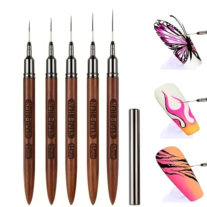5 Pcs Nail Art Liner Brushes, Thin Detail Brushes for Gel Polish Painting, Sizes 6/9/12/15/18mm, Professional Nail Design Tools for Intricate Lines & DIY Manicure-Brown