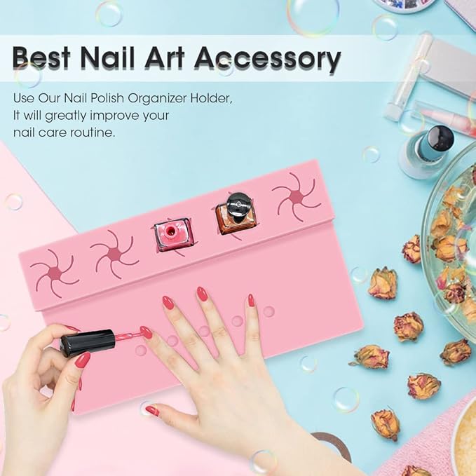 Nail Polish Holder,Silicone Hand Rest Mat Fingernail Painting Tools 2 in 1 Art Accessories Organizer Case Set with Anti-Spill Bottle Stand and Finger Separators for Pedicure Manicure(Pink)