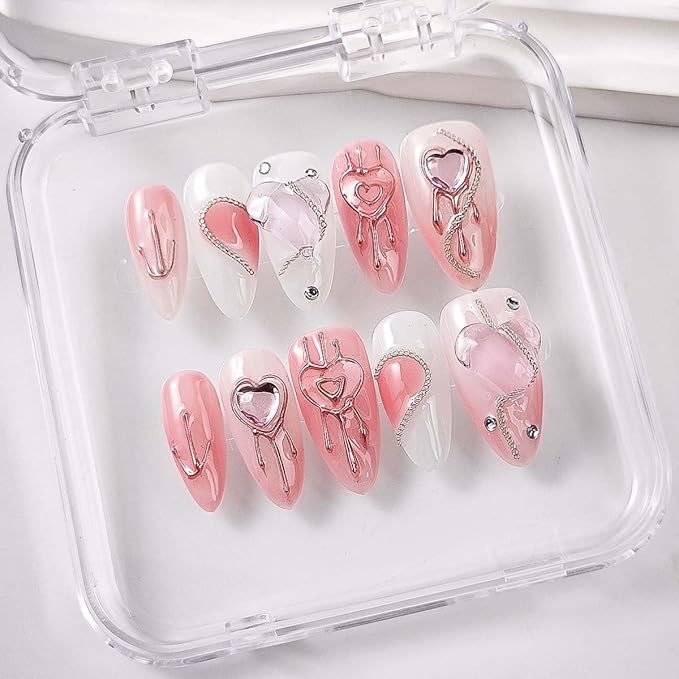 10Pcs Handmade Press On Nails Medium Almond Press On Nails Heart Rhinestone With 3D Metal Design Full Cover Acrylic False Nails Artificial Reusable Stick On Nail For Women (SIZE:S)
