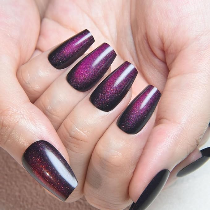 evpct Dark Purple Cat Eye Coffin Press on Nails Square Medium, Medium Square Stick on Nail for Women Gift, Dark Purple Metallic Glitter Glossy Reusable Soft Gel Press on Acrylic Fake Nail with Design