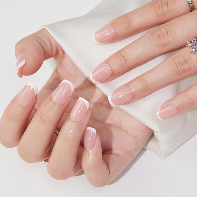 French Tip Press On Nails Short Square - Findigit Gel Press On Nails, White Nail With Glue, Fit Perfectly & Natural Reusable Stick On Nails in 16 Sizes, 32 Pcs