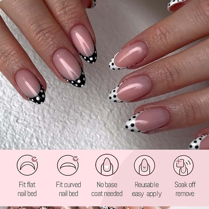 Polka Dot Press on Nails Short Almond Fake Nails 9 Colors French Tip Nails Press ons with Design Reusable Artificial Nail in 12 Sizes Full Cover Stick on Nails for Women Manicure Decorations 216Pcs