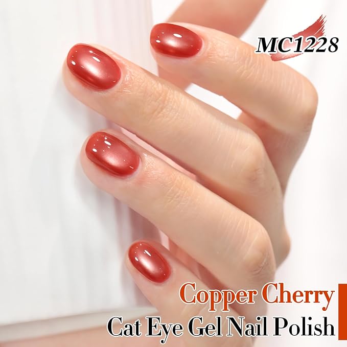 Double Rhythm 15ML Jelly Glass Cat Eye Gel Polish with Magnet Holographic Glitter Shimmer Translucent Sheer Color Salon Soak Off Magnetic Nail at Home (Copper Cherry-MC1228)