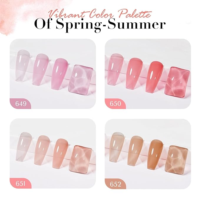 AZUREBEAUTY Jelly Nail Polish Set Quick Dry Transparent Nude Pink Purple Brown 4 Colors Sheer Natural Nail Lacquer Fingernail Kit with Top Coat Nail Polish DIY Salon Home