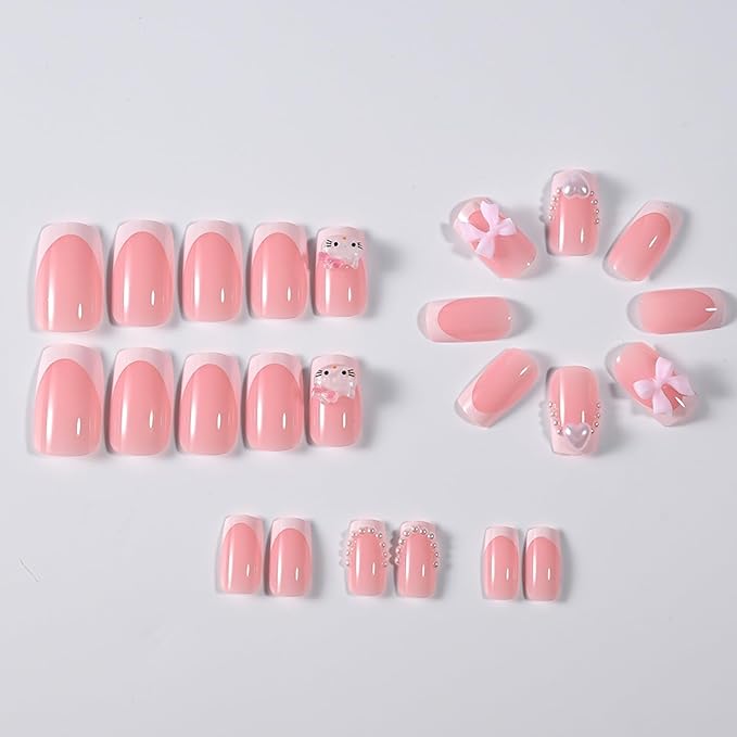 24Pcs Cute French Tip Press on Nails Medium Square Fake Nails with Exquisite Cute Cartoon Cat Bow and Heart Designs, Glossy Pink False Nail with Charms Pearl Nails Acrylic Nail for Women