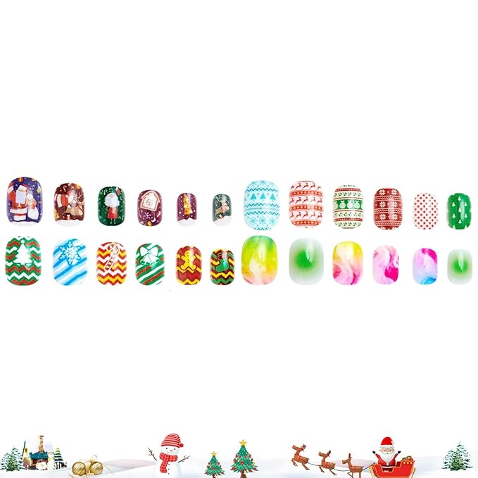 120Pcs 10 Packs Christmas Press on Nails for Girls 5 Styles 12 Sizes Cute Short Press on Nails for Kids Press ons with Santa Claus Snowflake Xmas Tree Elk Designs Full Cover for Little Girl Gift
