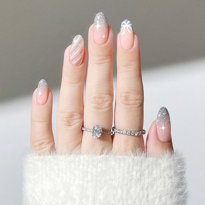 Holiday Press on Nails Short Almond Fake Nails Christmas Nails Press ons with Silver Glitter Design Full Cover Stick on Nails for Women Festive Manicure,Reusable | Nail Sticky Tab | Easy Apply | 24Pcs