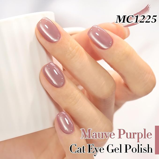 Double Rhythm 15ML Jelly Glass Cat Eye Gel Polish with Magnet Holographic Glitter Shimmer Translucent Sheer Color Salon Soak Off Magnetic Nail at Home (Mauve Purple-MC1225)