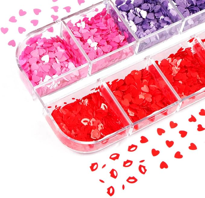 12 Grids Nail Art Heart Red Glitters 3D Holographic Love Lip Nail Pink Sequins Decals Flakes for Valentines Day Nail Art Manicure Decorations