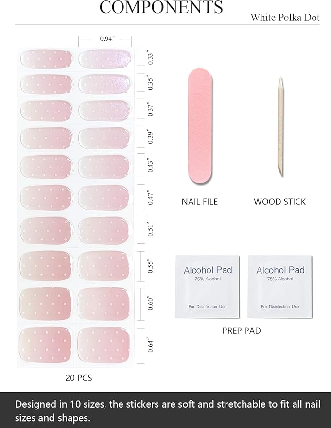 Semi Cured Gel Nail Strips (White Polka Dot), Pearl, Chrome, 20 Pcs Gel Nail Wraps, Stickers, Long Lasting, Works With Any UV Lamps