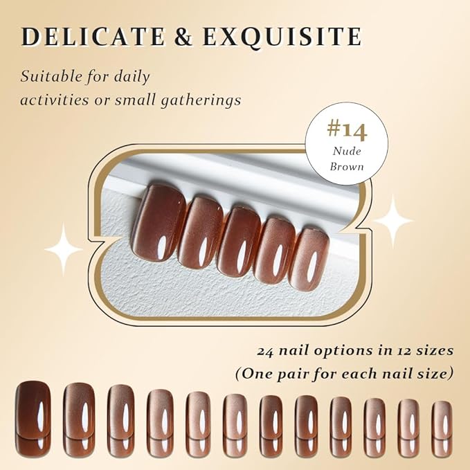 Nude Brown Cat Eye Press on Nails Medium Square, Medium Square Press Stick on Nails Chrome for Women Gift, Brown Holographic Glitter Glossy Reusable Soft Acrylic Fake Nail with Design Cateye Effect
