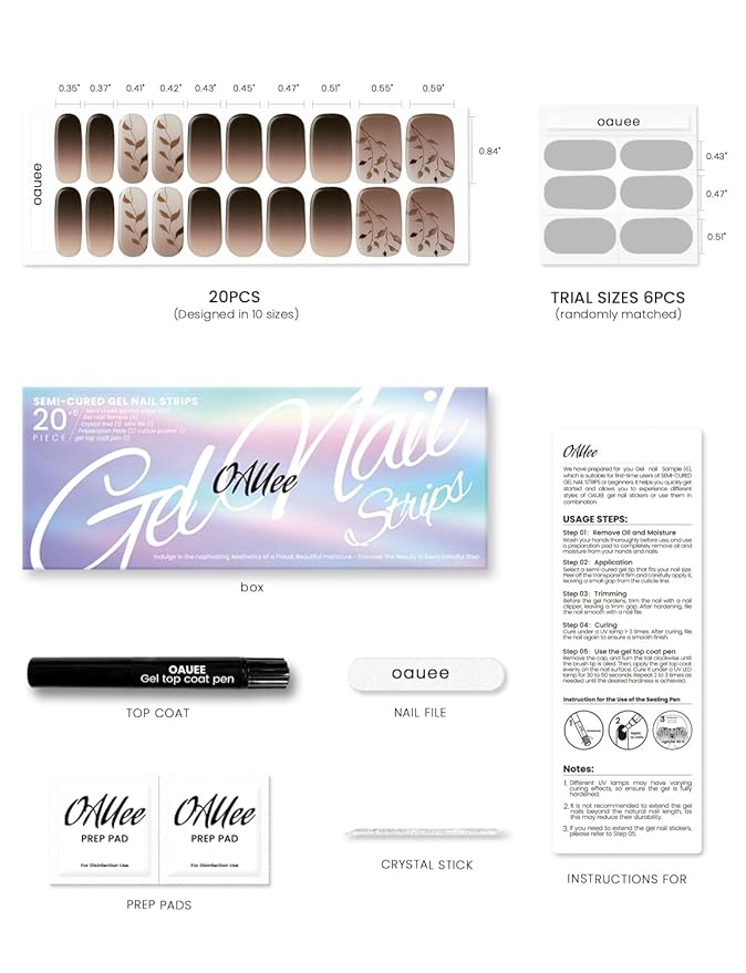 Semi Cured Gel Nail Strips | Built-In Gel Top Coat | UV Light Required | Salon Quality, Easy Application And Removal (Mocha Leaf Elegy）
