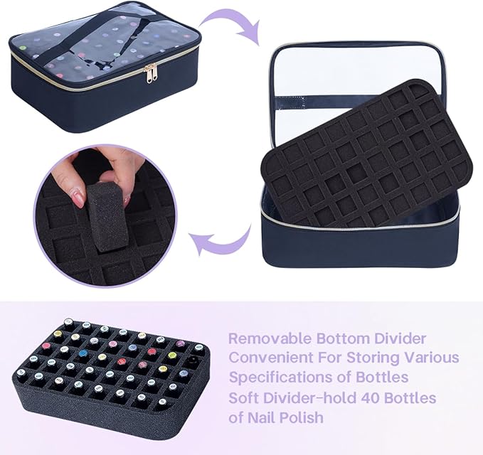 Small Clear Nail Polish Organizer Case Holds 40 Bottles(15ml-0.5fl.oz) Multifunctional Nail Polish Bag, Cosmetic Travel Makeup Bags for Women, Black