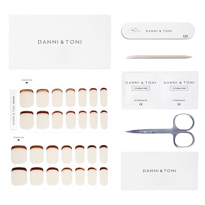 DANNI & TONI Semi Cured Gel Nail Strips Reverse French (Ivory Luxe) Golden Gel Nail Wraps Beige UV Led Nails 28 Stickers