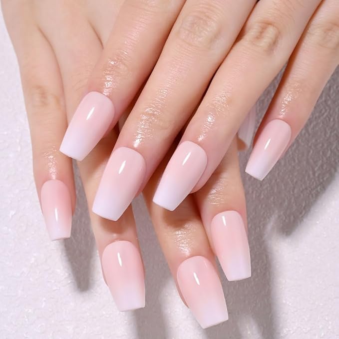 Light Nude Ombre Glossy Press on Nails Coffin Acrylic Fake Nails Stylish Design, Not Pixelated Like Digital Printing, Natural Reusable Nails Kit for Women False Nail, Salon Quality Reusable