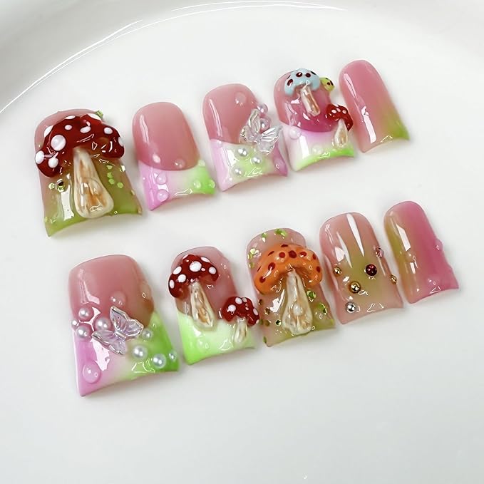 Duck Press on Nails Short Fake Nails Handmade Press on Nails Cute 3D Mushroom Butterfly Designs Thicked False Nails Green Pink Gradient Artificial Nails Pearl Stick on Nail for Women (M)