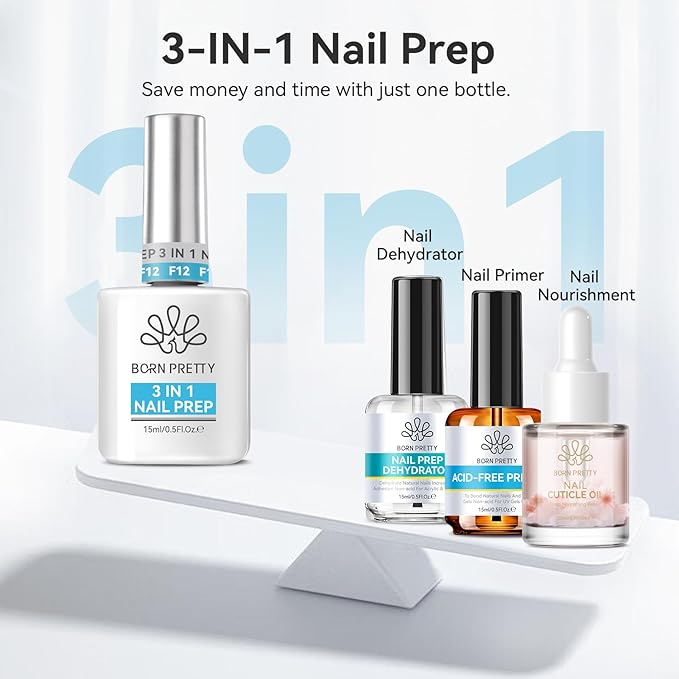 BORN PRETTY 15ML Nail Dehydrator and Nail-Primer,3-in-1 Nourishing Prep for Nails Glue Acrylic & Gel Nails,Fast Dry Superior Bonding Agent Supplies Professional Salons