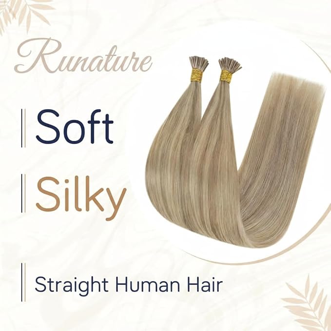 RUNATURE I Tip Hair Extensions Human Hair Blonde I Tip Hair Extensions Human Hair 20 Inch Itip Long Extensions Remy Natural Hair Pre Bonded Hair Extension Golden Blonde Highlight Light Blonde 50g 50s