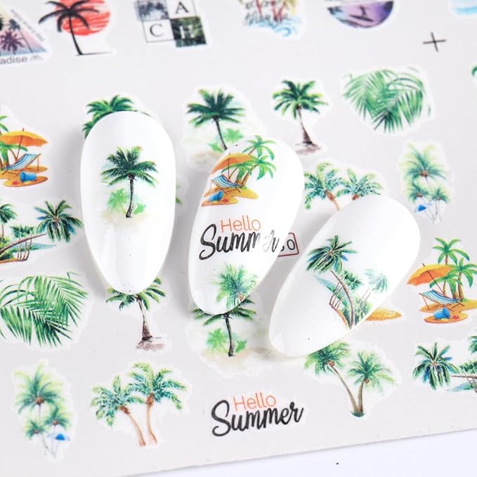 12 Sheets Summer Nail Art Stickers Beach Coconut Tree Ocean Water Transfer Nail Decals Colorful Nail Stickers Tropical Style Nail Sticker Self-Adhesive Nail Art Supplies for Women Manicure Decor