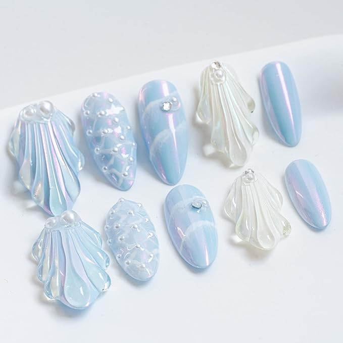 Sun&Beam Nails Handmade Press On Nail Medium Long Almond Oval Blue White Pearl Shell Fake Tip 3D Design Art Charms Cute with Storage Box 10 Pcs (Blue-XS)