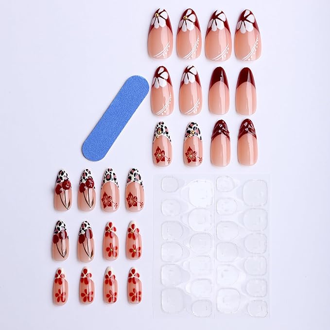 Red Flower Press on Nails Medium Almond MABKJLF Fake Nails 3D Red False Nails with Cherry Leopard Print Hibiscus Designs Fall Glossy Glue on Nail Acrylic Nails for Women Girls 24Pcs