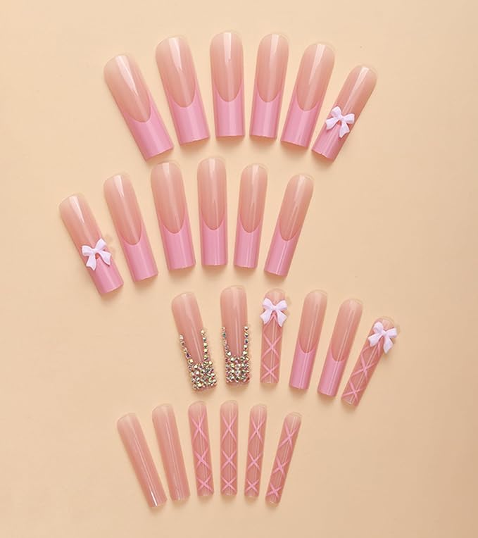 Press on Nails Square - Extra Long Fake Nails with 3D Rhinestones Bows, Pink French Tips False Nail with Glue Sticker, Stick On Nails for Women, 12 Sizes - 24 Nail Kit, Blush Whisper