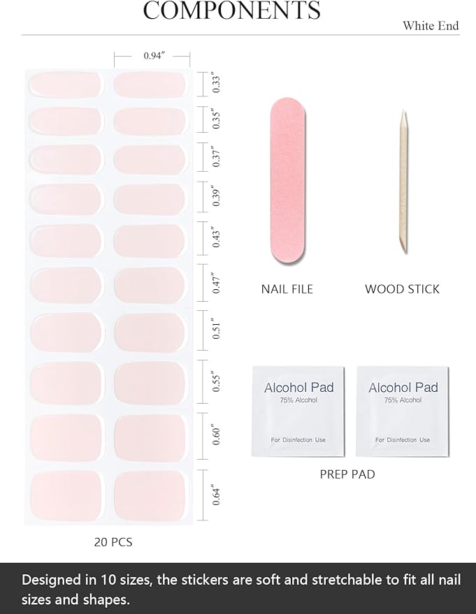 Semi Cured Gel Nail Strips (White End), Translucent Matte, 20 Pcs Summer Gel Nail Wraps, Stickers, UV Light Required, Salon Quality, Long Lasting