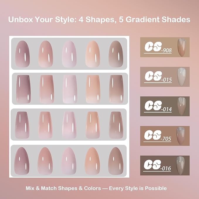 Misscheering Medium Almond Shape 140 Pcs 5 Colors Gradient Nude Press On Nails, Soft Gel Full Cover Fake Nails Kit, All-in-One Structure Technology Long-Lasting 28-Day Wear, Chip-Resistant & No Fade