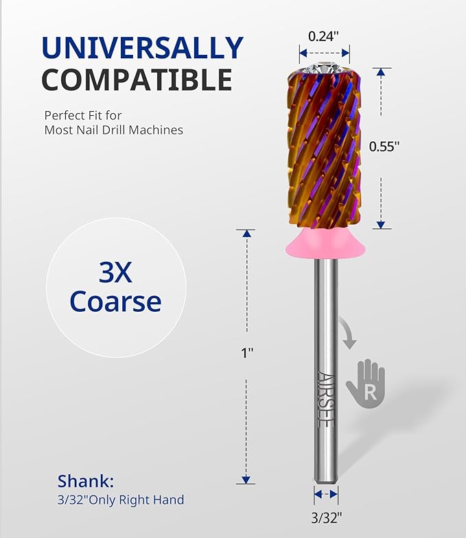 AIRSEE Tungsten Carbide Acrylic Nail Drill Bit Super Cut Bit Efile Electric File Machine Head Tip for Manicure Polishing Art Remove Gel Professional 3/32" Beginner Safety Crystal Top Barrel 3X Coarse