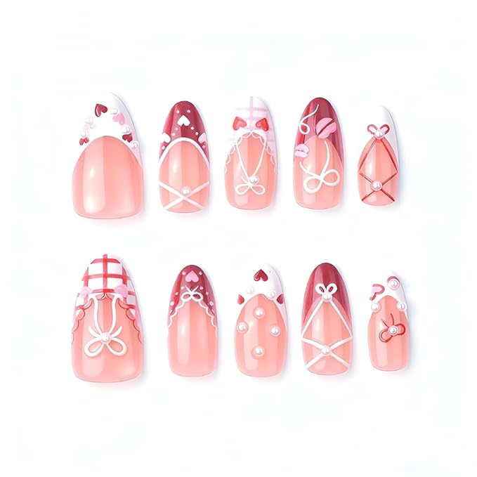 30Pcs Valentines Press on Nails Medium Almond Fake Nails French Tip Nails Press Ons Heart False Nails with Pearl Design Bow Stick on Nail Glossy Acrylic Glue on Nail Women Decoration Set