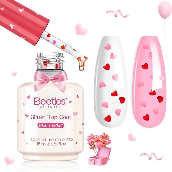 Beetles Spring Limited Heart Gel Top Coat 15ml - Hema Free Glitter Shine No Wipe Top Coat Long-Lasting for Gel Polish, Pink Heart Sparkle Soak Off UV LED Gift for Women