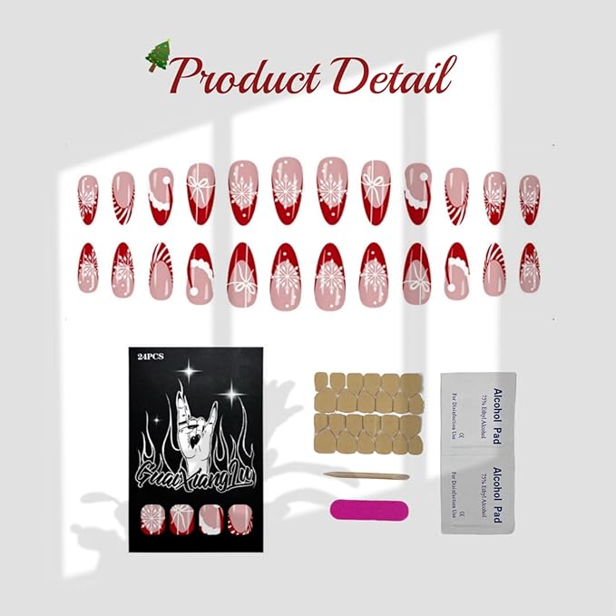 Press On Nails Almond Christmas, French Tip Press on Nails Short, Glue On Nails for Women Gift, Supremely Fit Natural Reusable Stick On Nails in 12 Sizes -24 Fake Nails Kit, French Red Stripe