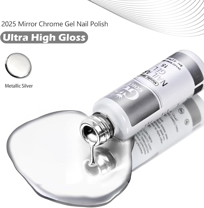Metallic Gel Nail Polish Sliver Gel Liner For Nail Art Chrome Silver Nail Polish 8ml 3D Mirror Chrome Effect Painting with Thin Brush French Nail Design Curing Requires