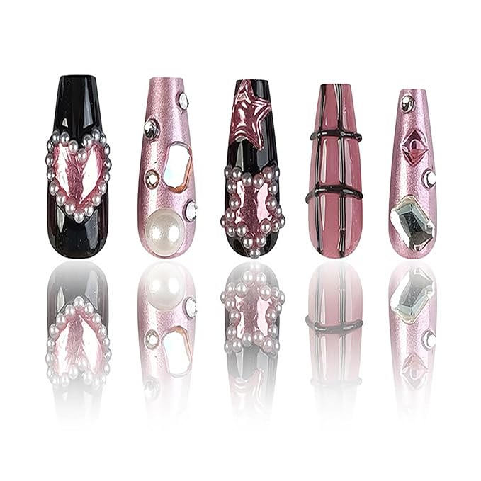 RTKHFZE Press on Nails Medium Square Fake Nails Black Full Cover Acrylic False Nails with Pearl Jewelry and Rhinestones Designs Artificial Press on Stick on Nails for Women Nail Decorations