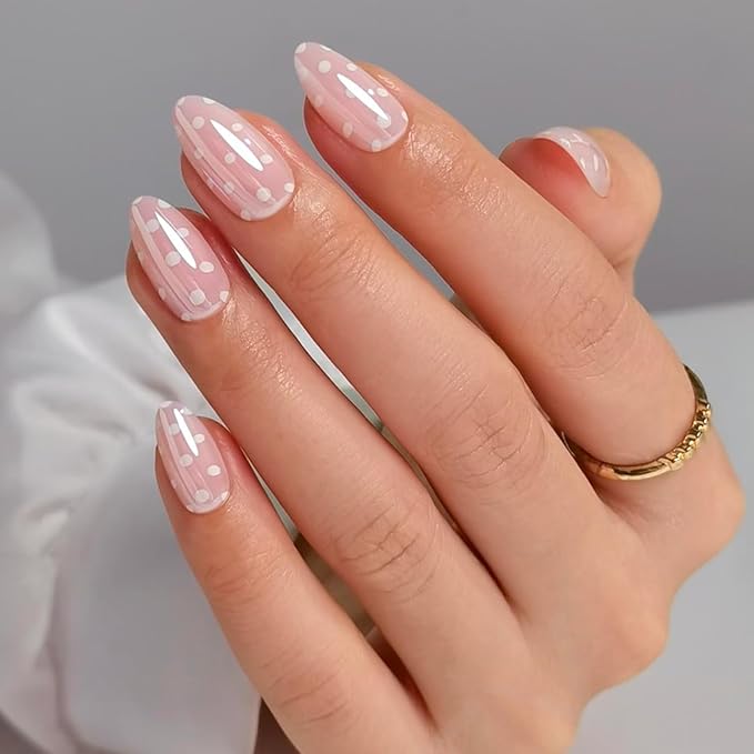 LAMIMOSA 32Pcs Baby Pink Polka Dots Press On Nails Short Almond - Soft Gel Fake Nails in 16 Sizes, Chrome Glazed Glue on Nails Kit, PINK POLKA DOTS