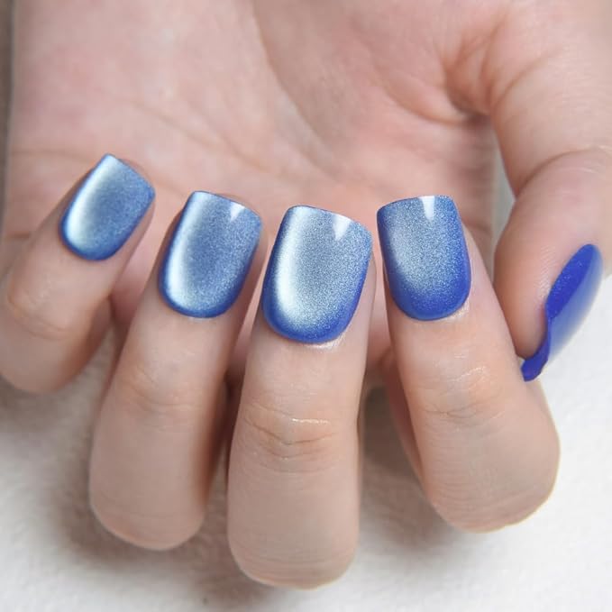 evpct Blue Cat Eye Extra Short Press on Nails Square, Petite Short Square Stick on Nails for Women Gift, Light Sky Blue Metallic Glitter Glossy Reusable Gel Press on Acrylic Fake Nail with Designs