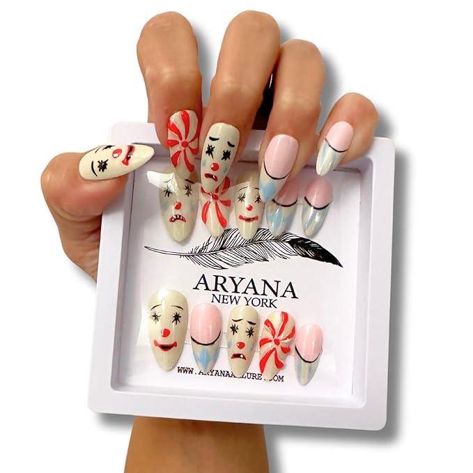3D Handmade Press-On Nails – Medium Almond False Nails for Women, French Acrylic Look Stick-On Nails | Clown Collection (Medium)