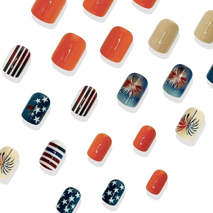 4th of July Press on Nails Short Square MABKJLF Fake Nails Fireworks Stars False Nails with Designs Full Cover Glossy Glue on Nails Blue Red White Acrylic Nails for Women Girls 24 Pcs