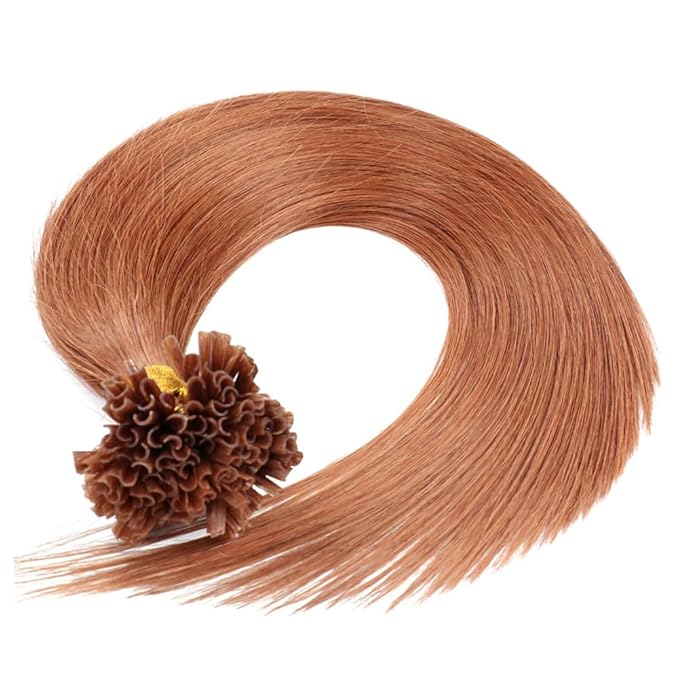 Keratin U-tip Human Hair Extensions 30# Medium Auburn 100 Strands 0.5g/strands, Curlable Nail Tip Hair Extension Straight Brazilian Remy Hair 24 Inch (60cm)
