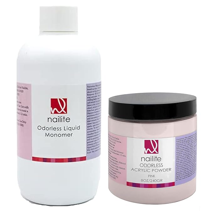 Odorless Liquid Monomer + Pink Acrylic Powder - Professional System for Nail Extension, Non-Yellowing Effect and EMA Formula – Kit 8 Oz.