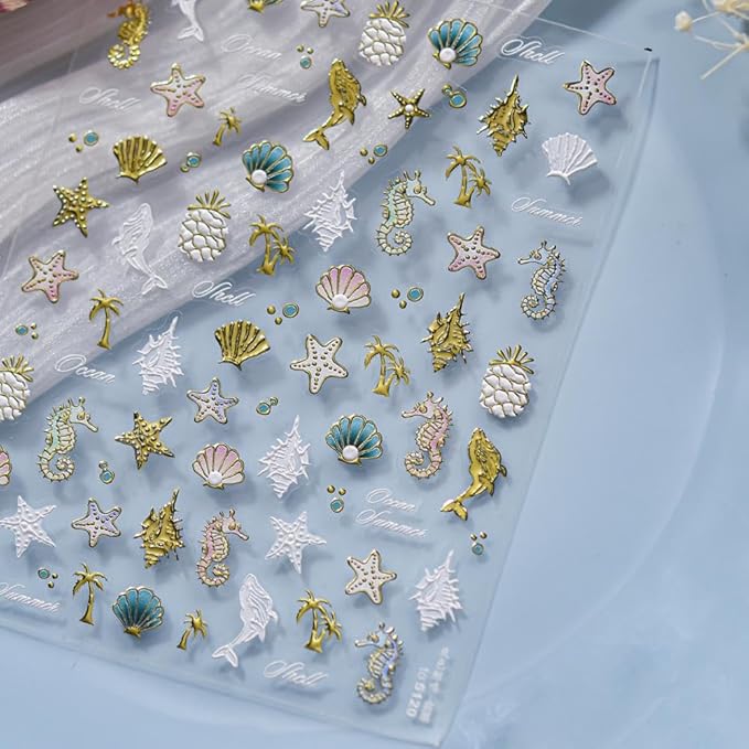 Laser Summer Nail Stickers Gold Starfish Pineapple Nail Art Stickers 3D Self-Adhesive White Dolphin Nail Designs 5D Embossed Ocean Pink Shell Nails Supplies for Women DIY 1 Sheet
