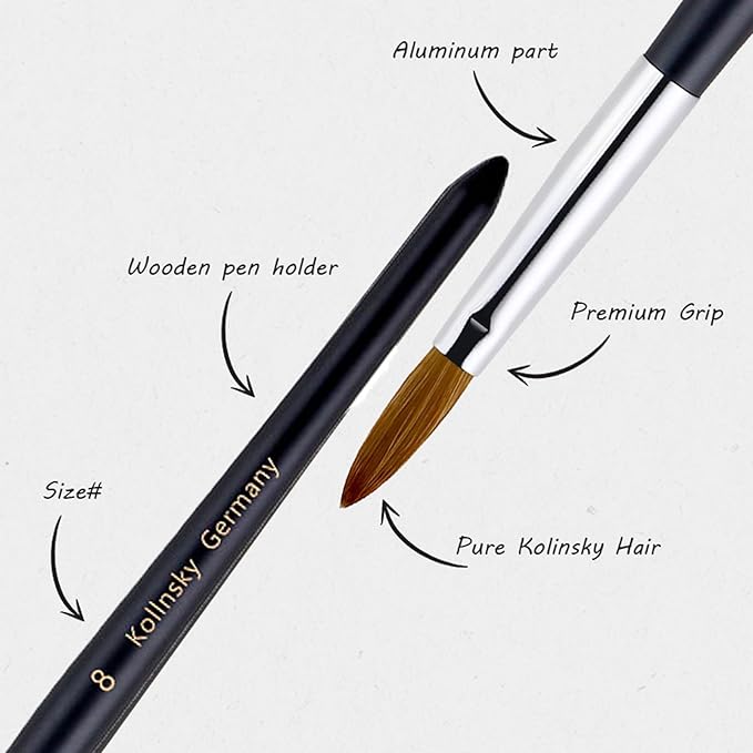 Acrylic Nail Brush Size 8#, 100% Pure Kolinsky Hair Acrylic Black with Silver Ferrule Round Shaped for Women Girls Manicure Tools Accessories