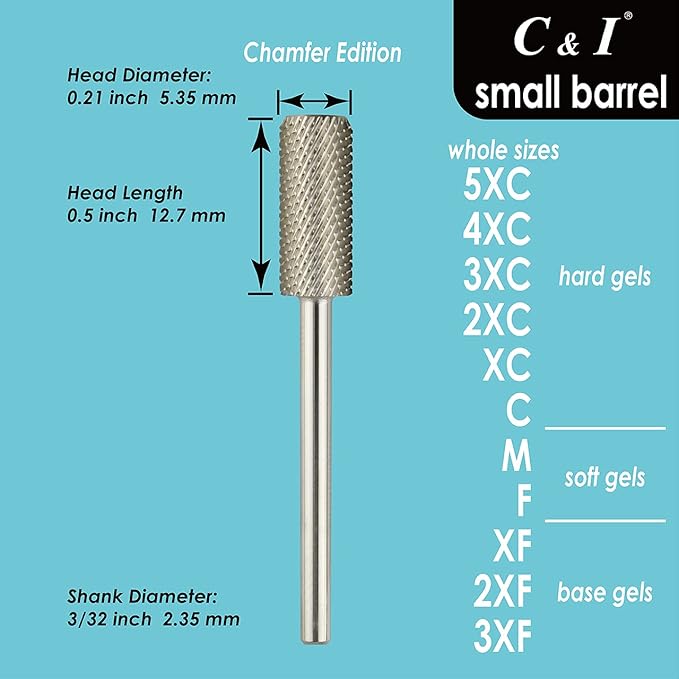 C & I Small Barrel Nail Drill Bit, Chamfer Edition, Professional Electric Nail File for Manicure Drill Machine, Remove Nail Gels, Acrylics, 3/32” (Fine -F)