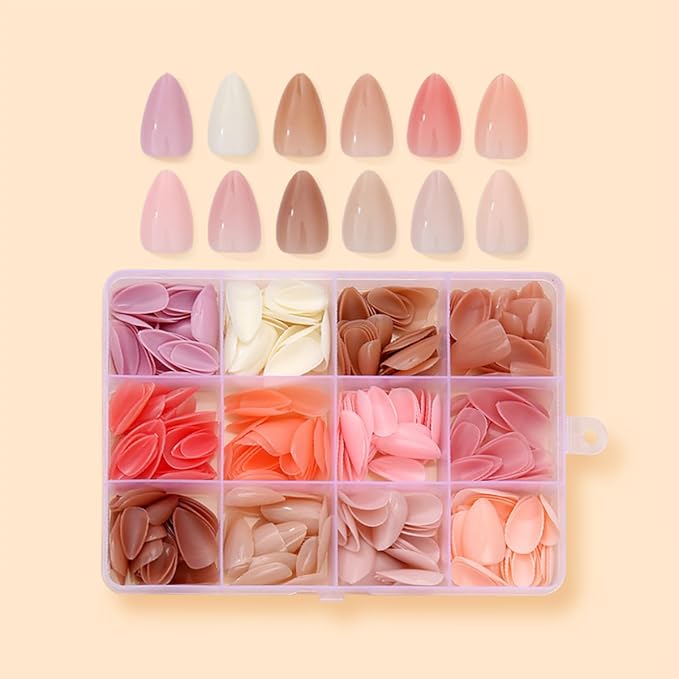 360 Pcs Press On Nails Short Almond Fake Nails Press Ons Set Full Cover Nude Pink Acrylic Glue on Nails Reusable Glossy Artificial Nail Kit False Nails for Women Manicure 12 Color