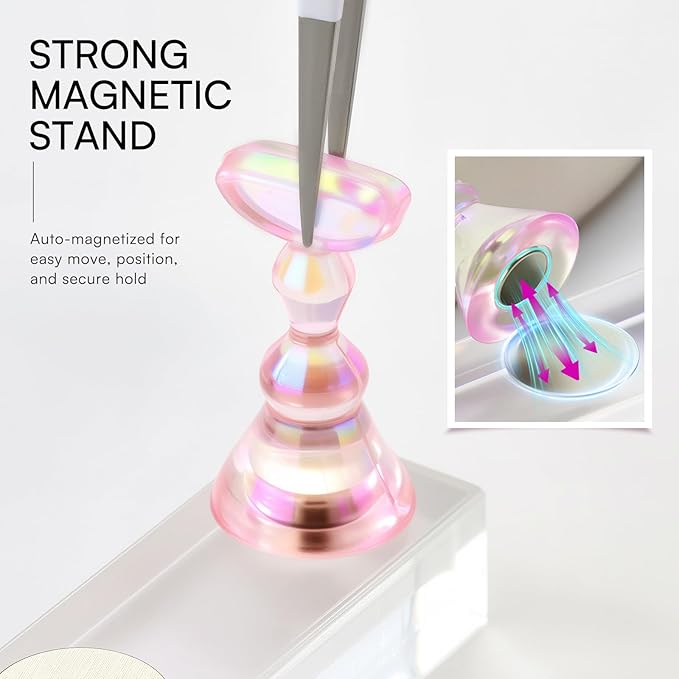 Makartt Press on Nail Stand: Magnetic Nail Holder for Painting Nails DIY Pink for Art Display Practice, Pink Glitter Flower Fake Holder for Home Salon with Reusable Adhesive Putty